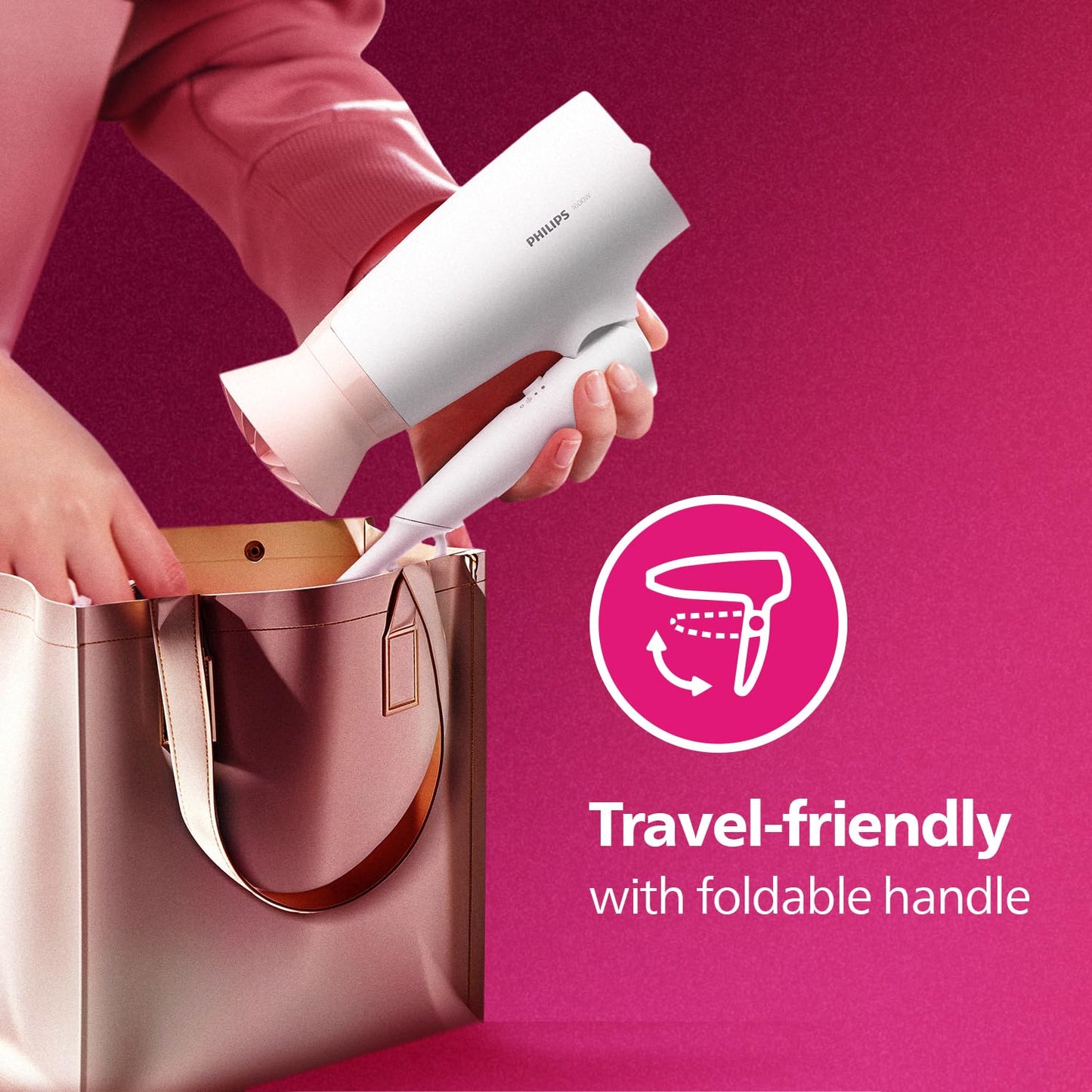 Philips Foldable Hair Dryer 1600 Watts| Powerful Salon-like Blow Drying with Less Heat | 3 Heat Settings with Cool Shot (Hot/Cool/Warm) | ThermoProtect Airflower Attachment- Pink | BHD308/30 - White