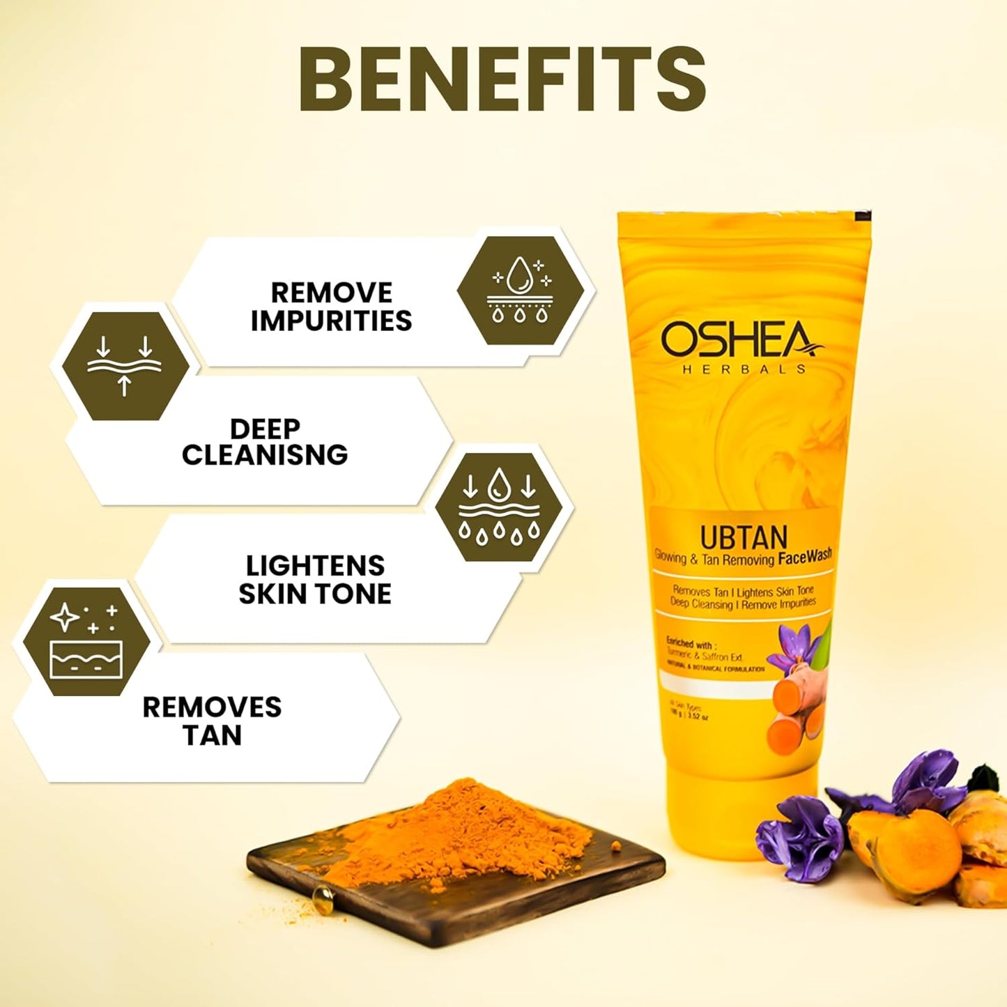 Oshea Herbals Ubtan Glowing & Tan Removing Facewash for All Skin Types | Removes Tan, Impurities & Lightens Skin Tone with Deep Cleansing | Enriched with Turmeric & Saffron Extracts 100g