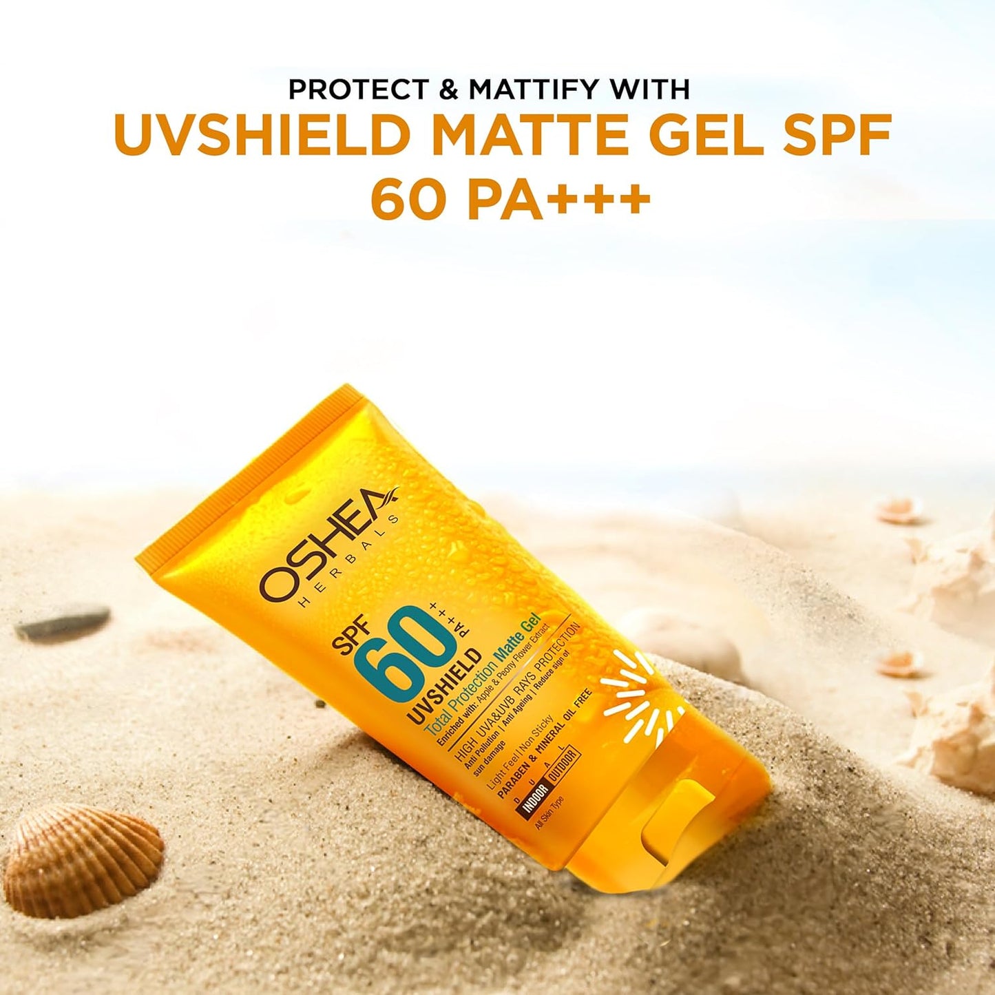 Oshea Herbals SPF 60 PA+++ Non Sticky UVshield Matte Gel Sunscreen for All Skin Types | Reduces Ageing with Signs of Sun Damage, Protects from UVA & UVB | Enriched with Apple & Peony Flower Extract | 60g