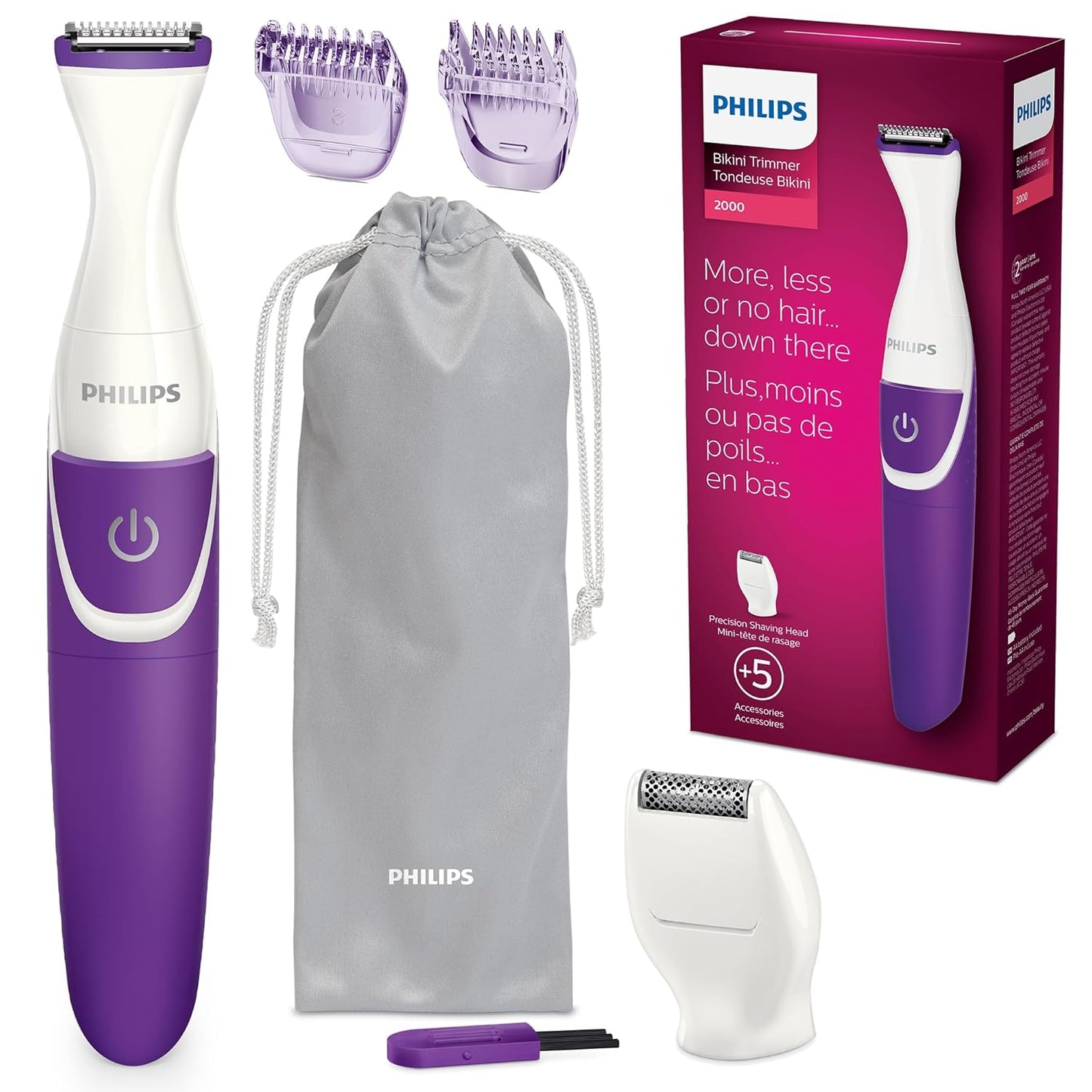 PHILIPS Female Bikini Battery Powered Rechargeable Electric Shaver Trimmer With Shaving Head And Comb, White