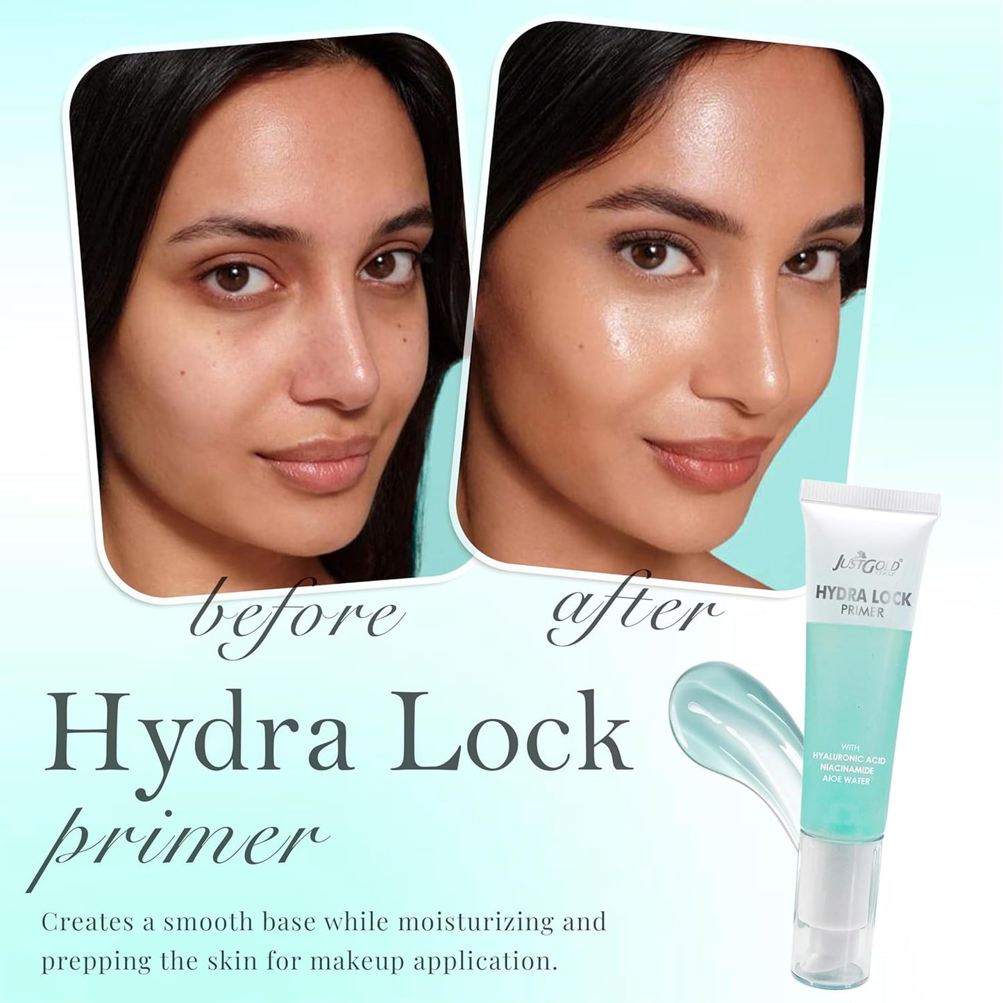Justgold Hydra Lock Primer with Hyaluronic Acid, Niacinamide and Aloe Water, Gel-Based & Hydrating Face Primer, Skin & Brightens, Grips Makeup Primer
