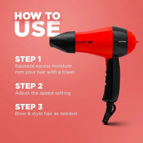 Ikonic Me Mini Speedy 1000W Lightweight Foldable Hair Dryer with 2 Speed Settings