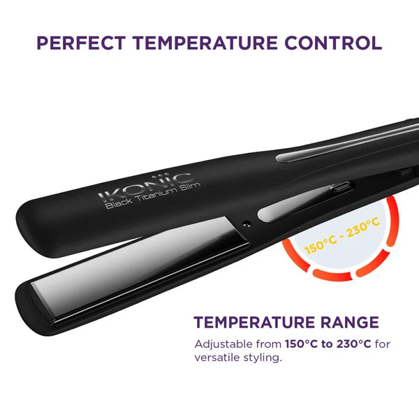 Ikonic Professional Black Titanium Slim Hair Straightener with 1-Inch Slim Floating Titanium Plates & Digital Temperature Adjustment