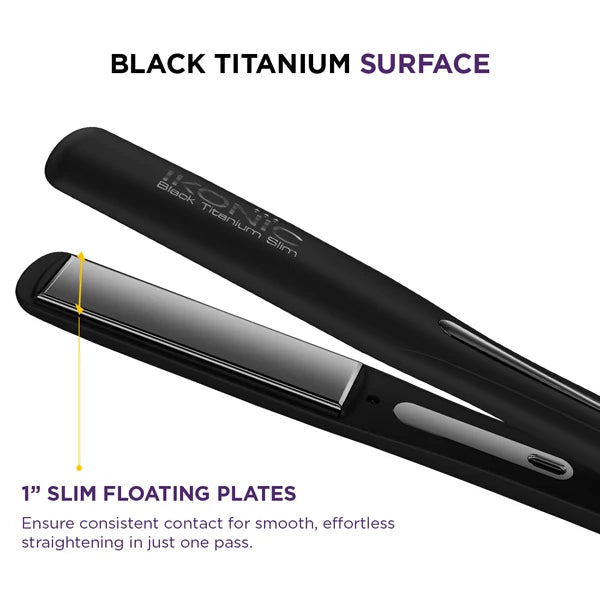 Ikonic Professional Black Titanium Slim Hair Straightener with 1-Inch Slim Floating Titanium Plates & Digital Temperature Adjustment