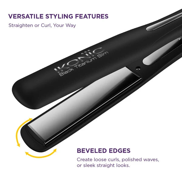 Ikonic Professional Black Titanium Slim Hair Straightener with 1-Inch Slim Floating Titanium Plates & Digital Temperature Adjustment