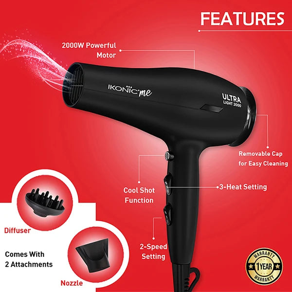 Ikonic Me Ultralight 2000W Hair Dryer with Powerful Motor, Nozzle & Diffuser