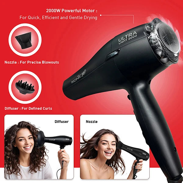 Ikonic Me Ultralight 2000W Hair Dryer with Powerful Motor, Nozzle & Diffuser
