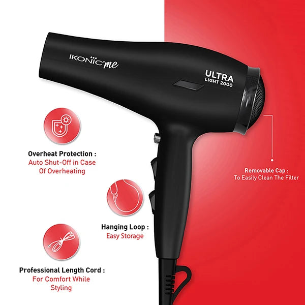 Ikonic Me Ultralight 2000W Hair Dryer with Powerful Motor, Nozzle & Diffuser