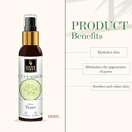 Good Vibes Cucumber Glow Toner 120 ml, Hydrating Pore Tightening Moisturizing Revitalising Face Spray Toner for All Skin Types, Natural, No Alcohol, Parabens & Sulphates, No Animal Testing