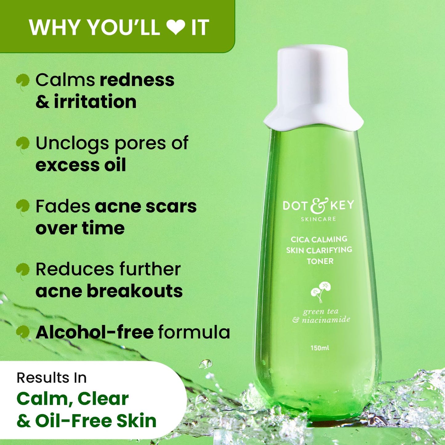 Dot & Key Cica Calming Skin Clarifying Toner With Niacinamide & Green Tea, Acne & Oil Control