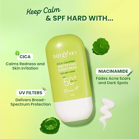 Dot & Key CICA Calming Mattifying Sunscreen SPF 50 PA++++ In-Vivo Tested | For Oily Acne Prone & Sensitive Skin | UVA/UVB Protection | No White Cast, Ultra Light, Fragrance Free & Quick Absorbing | 80g