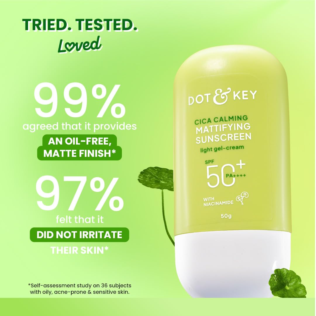 Dot & Key CICA Calming Mattifying Sunscreen SPF 50 PA++++ In-Vivo Tested | For Oily Acne Prone & Sensitive Skin | UVA/UVB Protection | No White Cast, Ultra Light, Fragrance Free & Quick Absorbing | 80g
