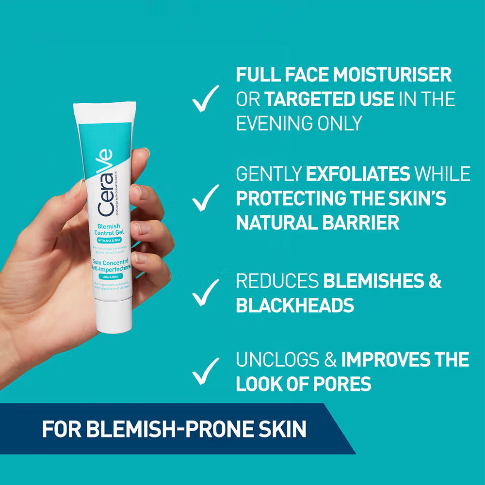 CeraVe Blemish Control Gel with 2% Salicylic Acid, AHA & Niacinamide for Acne Spot Treatment (40ml)