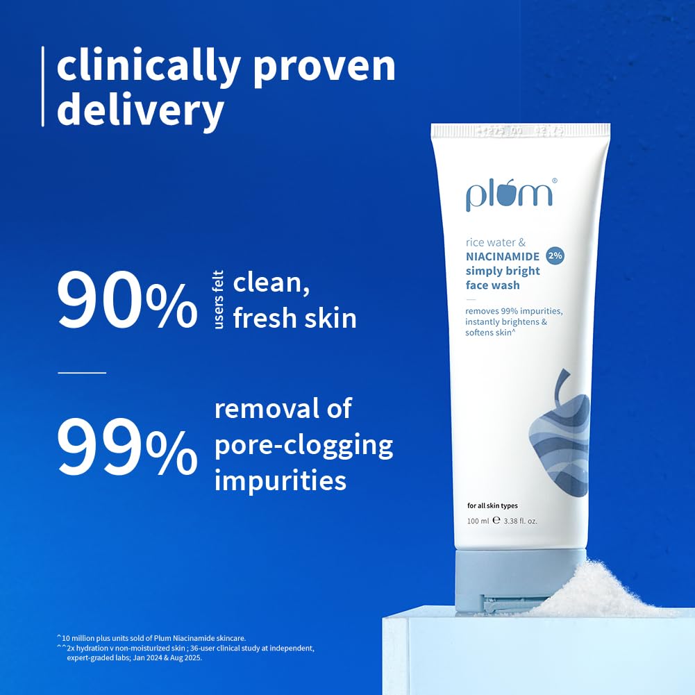 Plum 2% Niacinamide & Rice Water Face Wash 100ml | Hydrates & Brightens Skin | Softens & Smoothens Skin | Gentle & Non-Drying | Gently Cleanses 99% pore clogging impurities | Women & Men |
