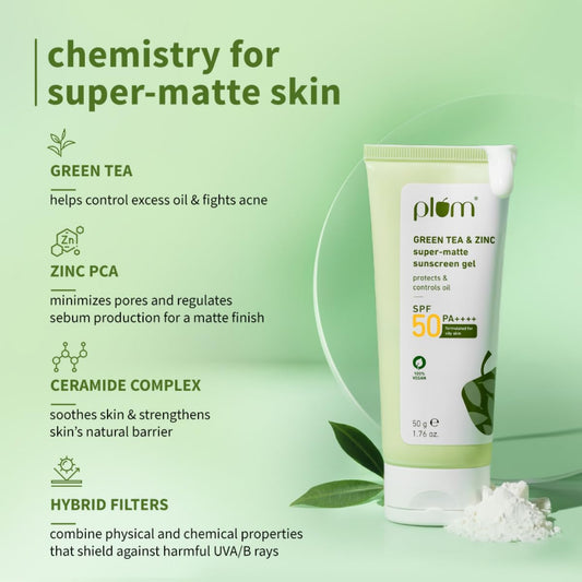 Plum Green Tea & Zinc Super-Matte Gel Sunscreen SPF 50 PA ++++ | 50g | Formulated for Oily, Combination and Acne Prone Skin | Protects & Controls Oil | Lightweight, No White Cast & Non-Sticky | Vegan |