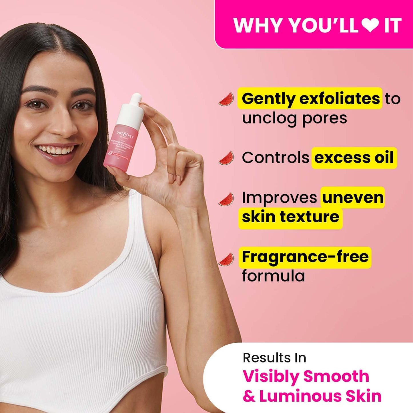 Dot & Key Watermelon + 10% Glycolic Gentle Exfoliating Face Serum, With Kojic, Controls Excess Oil (20ml)