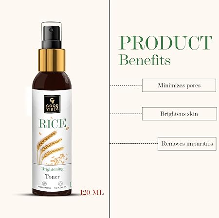 Good Vibes Rice Brightening Toner 120 ml, Hydrating Light Weight Moisturizing Glowing Face Spray Toner for All Skin Types, Natural, No Alcohol, Parabens & Sulphates, No Animal Testing