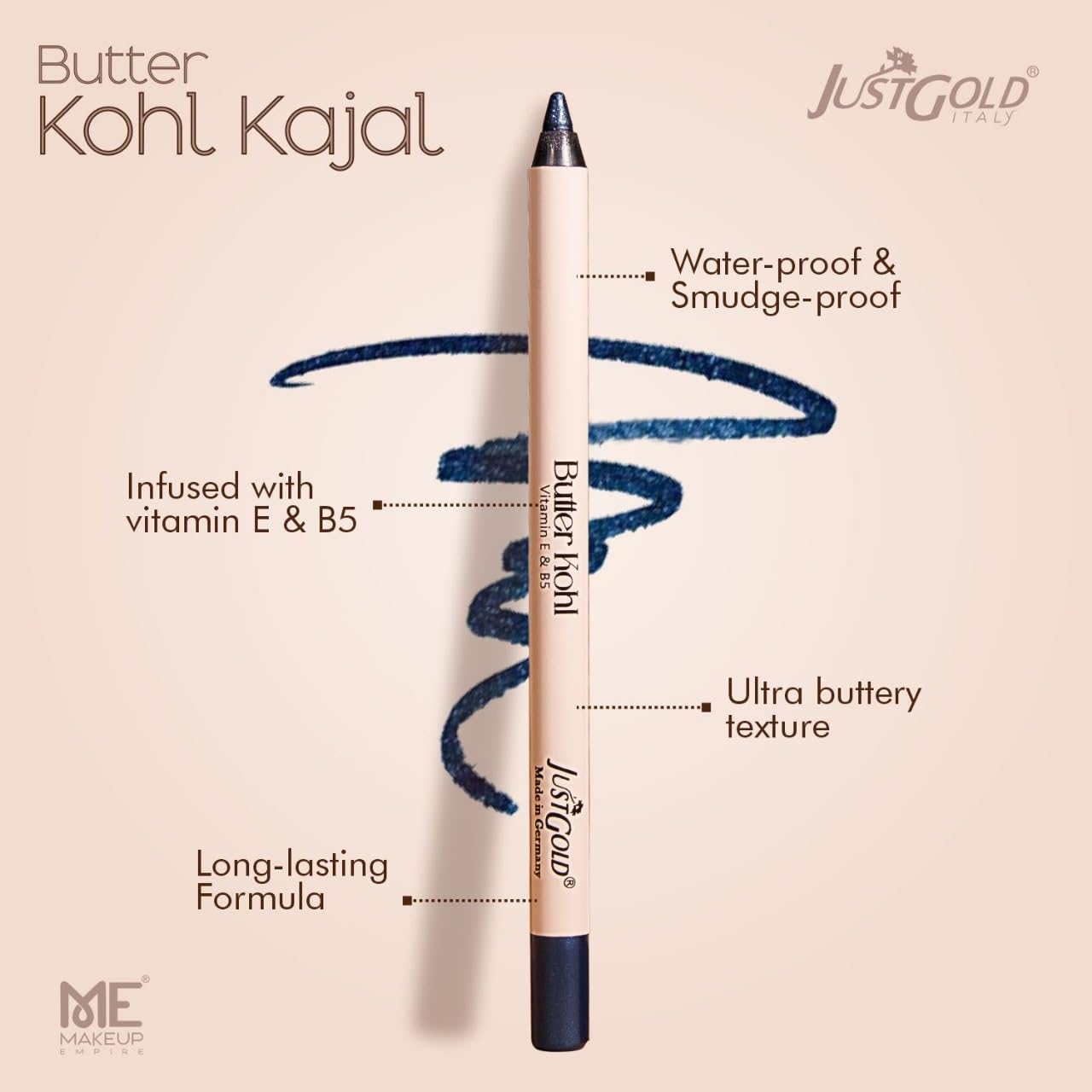 JustGold Butter Kohl Kajal Pencil Smudgeproof Waterproof and long lasting One Swipe Application Fadeproof Deep Matte Finish Enriched With Vitamin E & B5