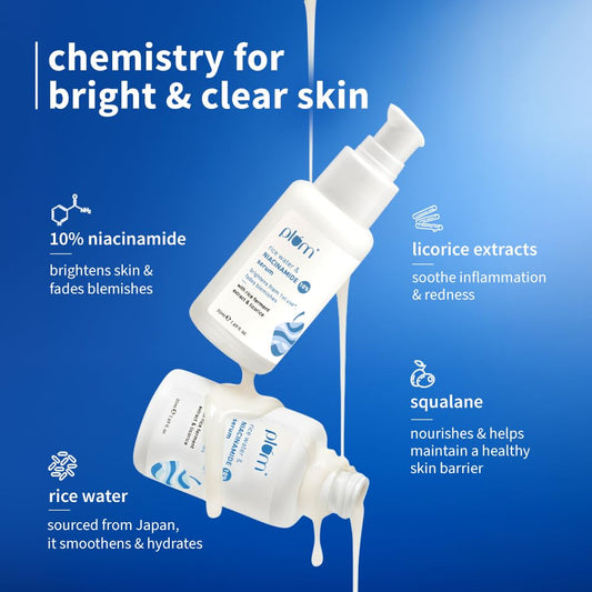 Plum 10% Niacinamide Serum with Rice Water | Provides Clear, Glowing & Brightening Skin | for Acne Prone, Combination, Oily & Sensitive Skin | Oil Control & Anti Acne Face Serum for Women & Men | 30ml