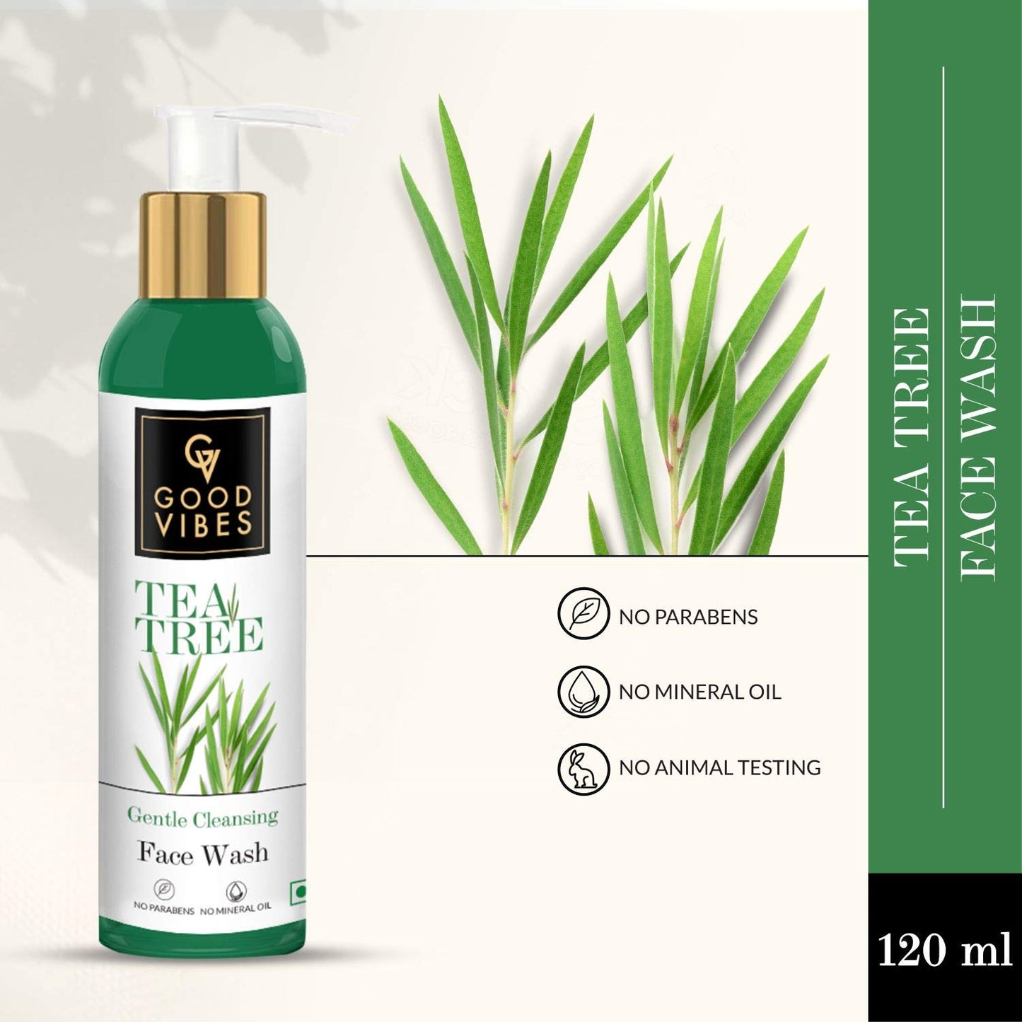 Good Vibes Tea Tree Gentle Cleansing Face Wash, 120 ml | Soothing, Moisturizing, Anti Acne Face Cleanser For All Skin Types | Controls Sebum Production | No Parabens, No Mineral Oil