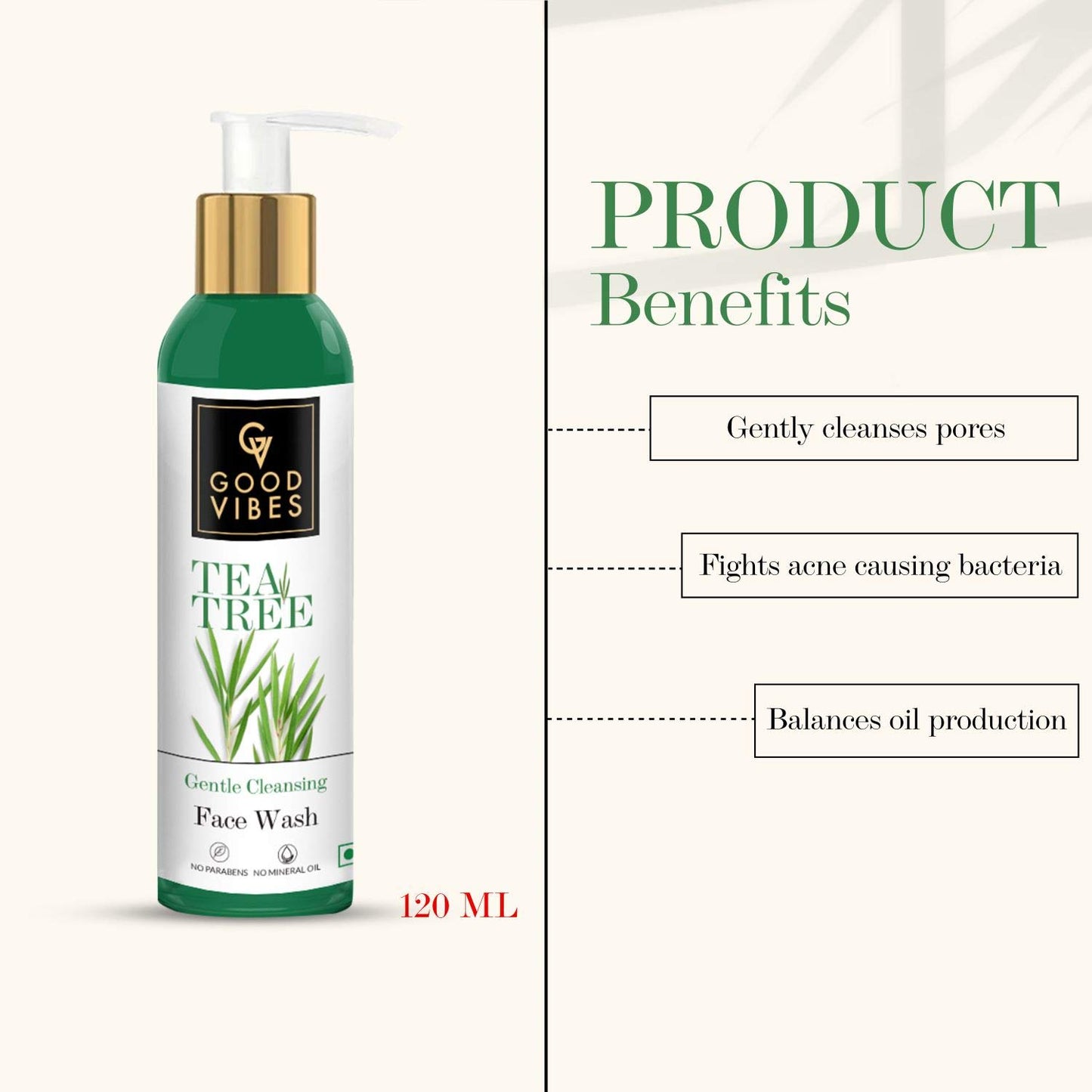 Good Vibes Tea Tree Gentle Cleansing Face Wash, 120 ml | Soothing, Moisturizing, Anti Acne Face Cleanser For All Skin Types | Controls Sebum Production | No Parabens, No Mineral Oil