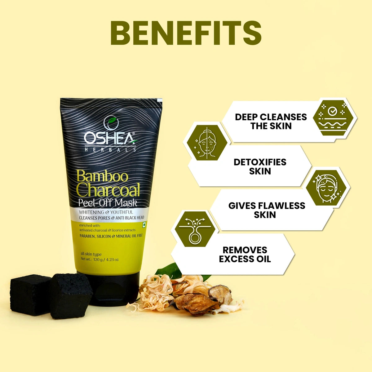 Oshea Herbals Bamboo Charcoal Peel-Off Mask  | Deep Cleansing & Blackhead Removal | Pore Detox, Oil Control & Skin Brightening for a Clear | 50g