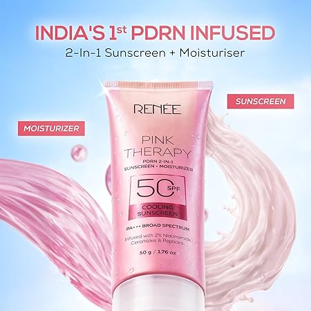 RENEE Pink Therapy PDRN 2-In-1 Sunscreen + Moisturizer SPF 50 PA+++ | In-Vivo Tested | With Niacinamide | Broad Spectrum UVA & UVB Protection | No Visble White Cast | Evens Skin Tone | 50g