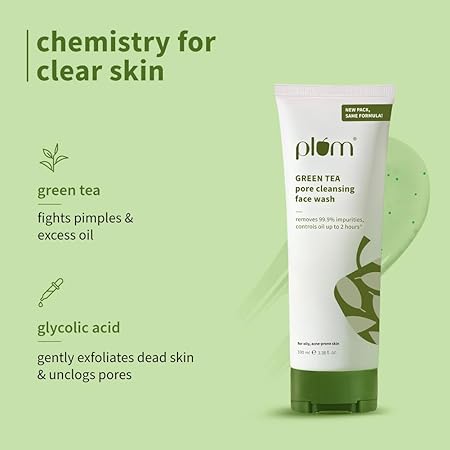 Plum Green Tea Pore Cleansing Face Wash for Oily, Acne Prone, Dry & Combination Skin | with Glycolic Acid | Fight Pimples & Control Excess Oil | Gentle Exfoliating & Non-Drying | Women & Men | 100ml