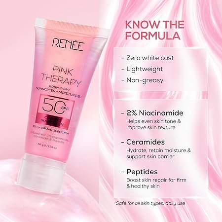 RENEE Pink Therapy PDRN 2-In-1 Sunscreen + Moisturizer SPF 50 PA+++ | In-Vivo Tested | With Niacinamide | Broad Spectrum UVA & UVB Protection | No Visble White Cast | Evens Skin Tone | 50g