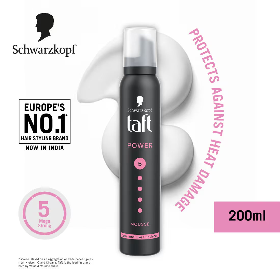 Schwarzkopf TAFT Power Hold 5 Hair Mousse To Controls Frizz, Lasts 24 Hours 200ml
