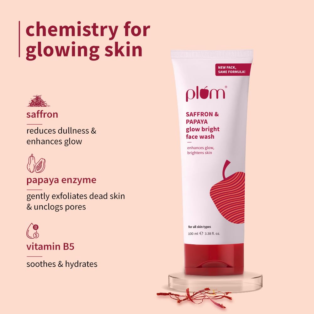 Plum Saffron & Papaya Glow & Brightening Face Wash with Vitamin B5 | Boosts Glow & Brightens Skin | Non-Drying | All Skin Types | Bright Gel Face Wash for Women & Men | for All Skin Types | 100ml