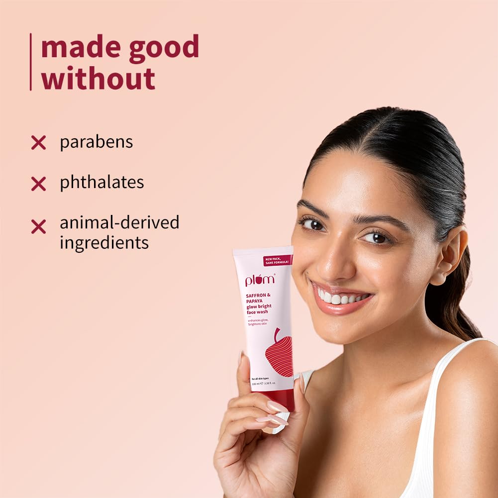 Plum Saffron & Papaya Glow & Brightening Face Wash with Vitamin B5 | Boosts Glow & Brightens Skin | Non-Drying | All Skin Types | Bright Gel Face Wash for Women & Men | for All Skin Types | 100ml