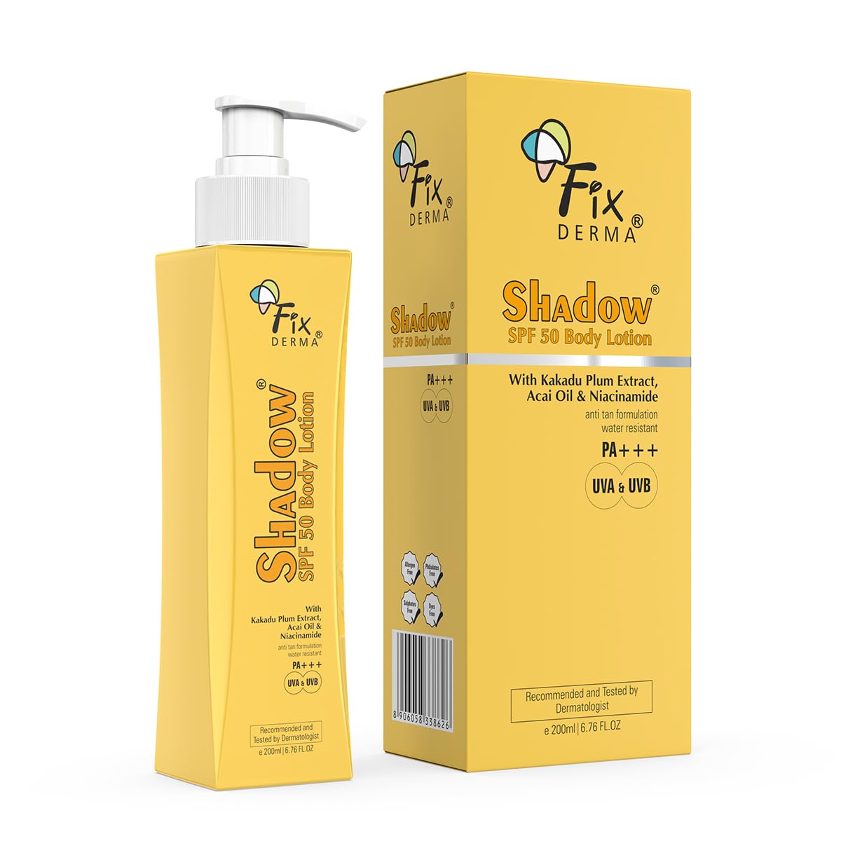 Fixderma Shadow Sunscreen Body Lotion with SPF 50 PA+++ & 2% Niacinamide | Body Sunscreen | Prevents Sun Tan, UVA & UVB Protection with No White Cast For Women & Men - 200 ml