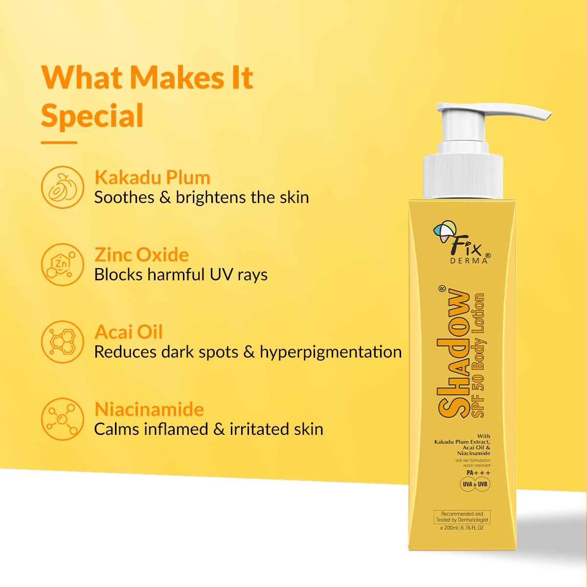 Fixderma Shadow Sunscreen Body Lotion with SPF 50 PA+++ & 2% Niacinamide | Body Sunscreen | Prevents Sun Tan, UVA & UVB Protection with No White Cast For Women & Men - 200 ml
