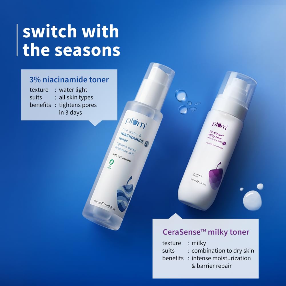 Plum 3% Niacinamide & Rice Water Face Toner | Alcohol-Free Toner for Oily Acne Prone Dry Combination Skin | Pore Tightening & Glowing Skin |Fades Blemishes, Brightens & Smoothens | Women & Men | 150ml